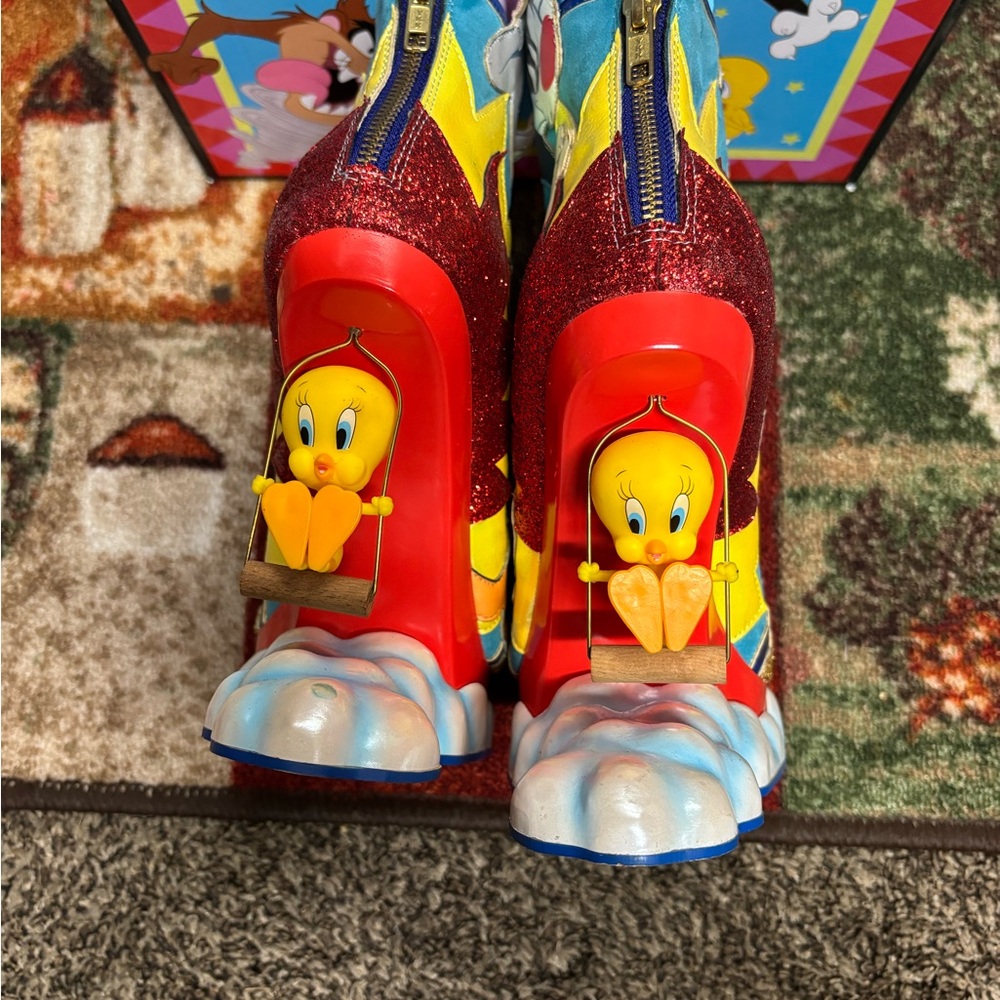 Irregular Choice Looney Tunes Blue and Yellow Ankle Boots - Picture 4 of 6